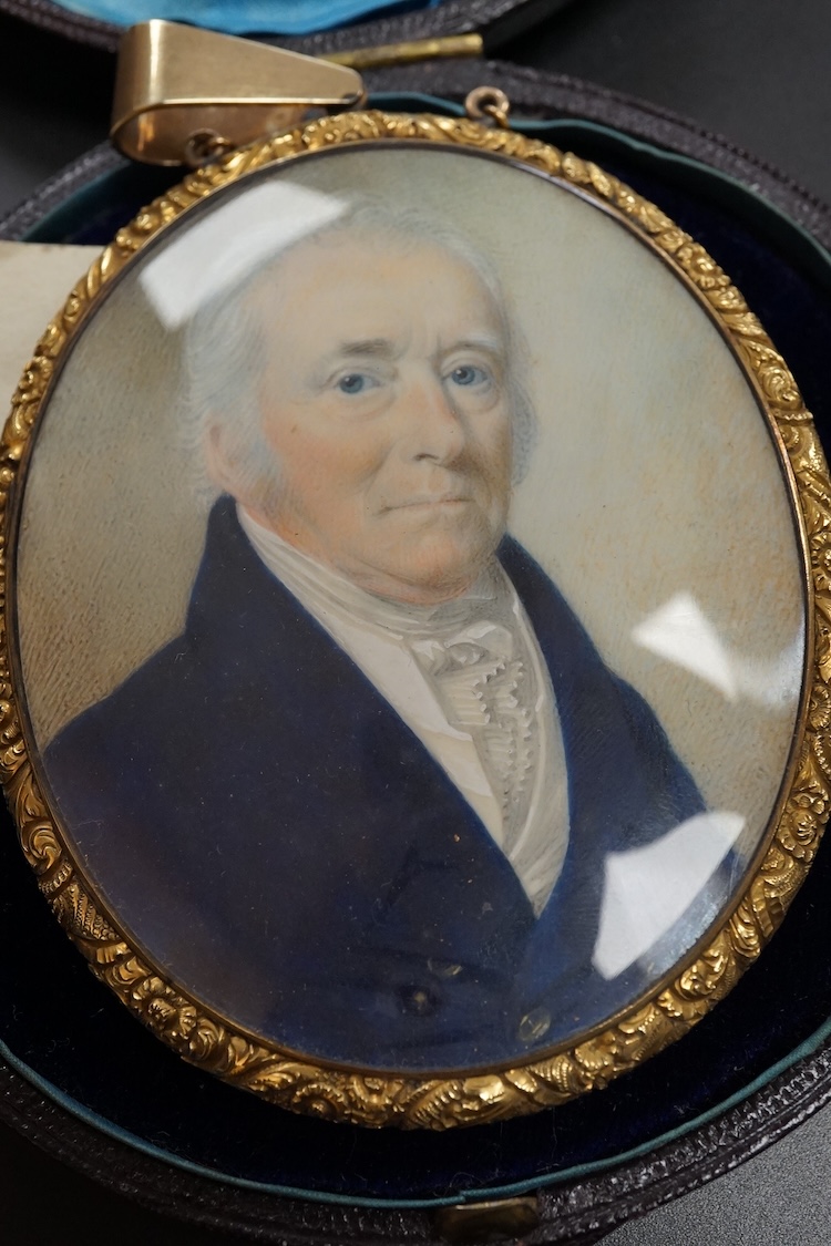 Manner of Thomas Richmond (1771-1837), Portrait miniature on ivory, Portrait of Francis Robinson, with hair work and seed pearls verso, housed in a gilt metal case, 11cm high. CITES Submission reference EF4KBE7V